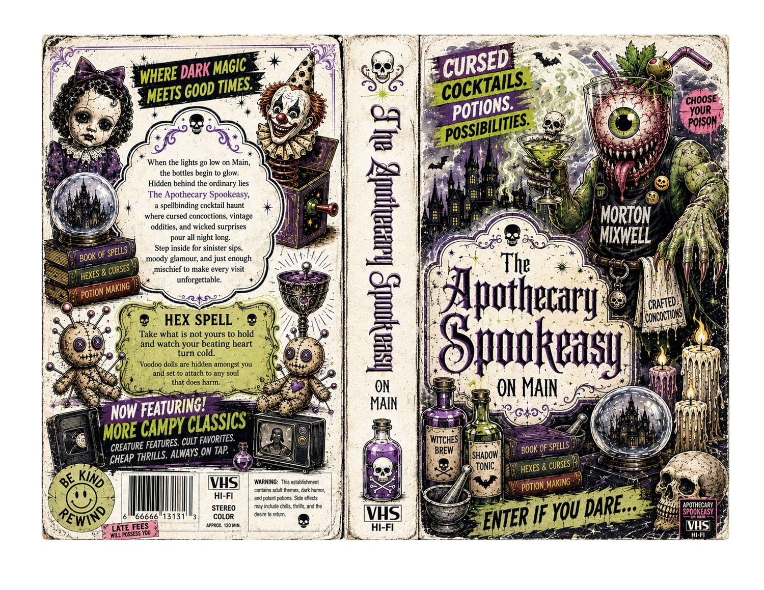 Alternate Apothecary Spookeasy box art featuring cursed cocktails, a witch, a clown, and the Hex Spell