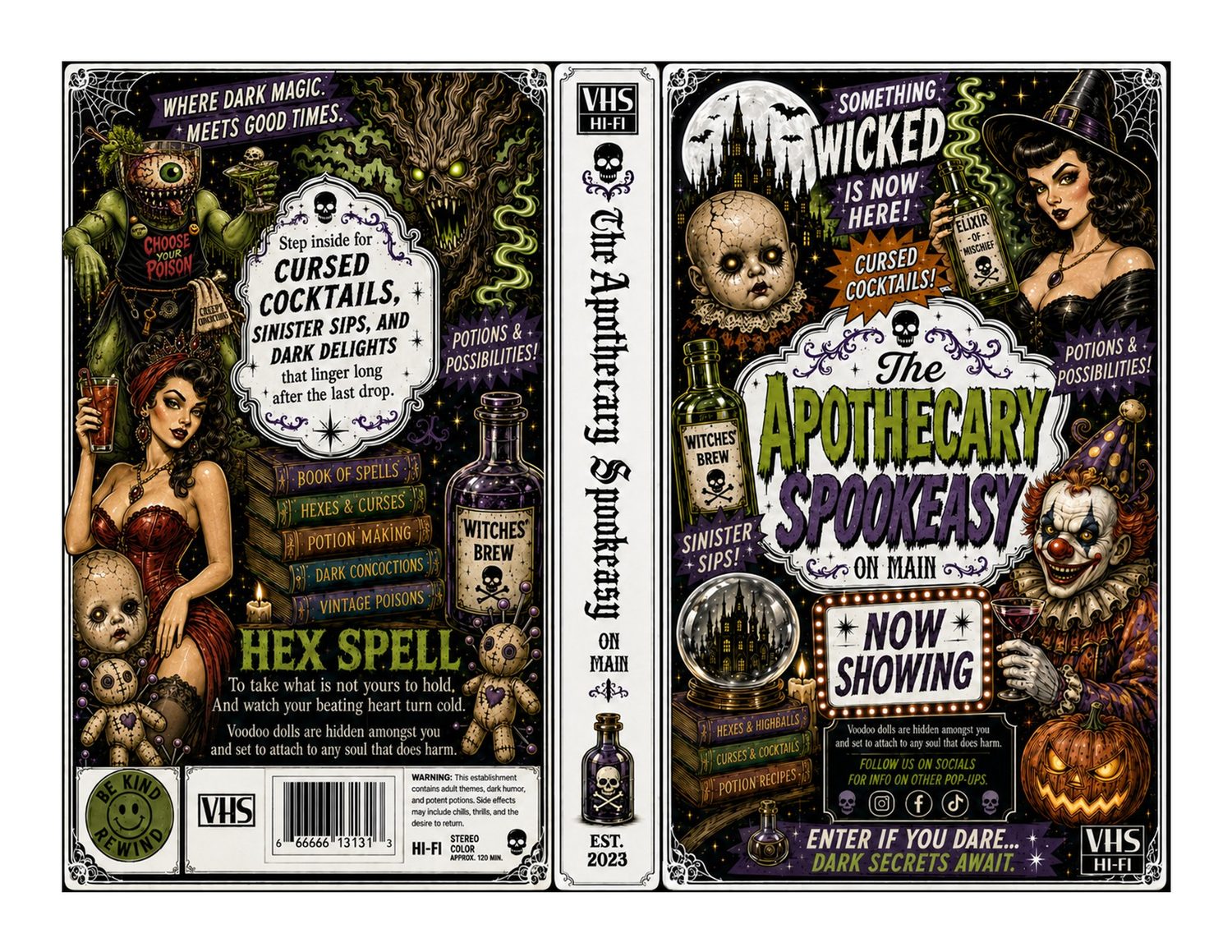 Apothecary Spookeasy box art: front and back cover with Morton Mixwell, voodoo dolls, and potion bottles